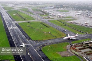 Aerial view of Mumbai Airport and the Western Suburbs including Andheri and Vile Parle.